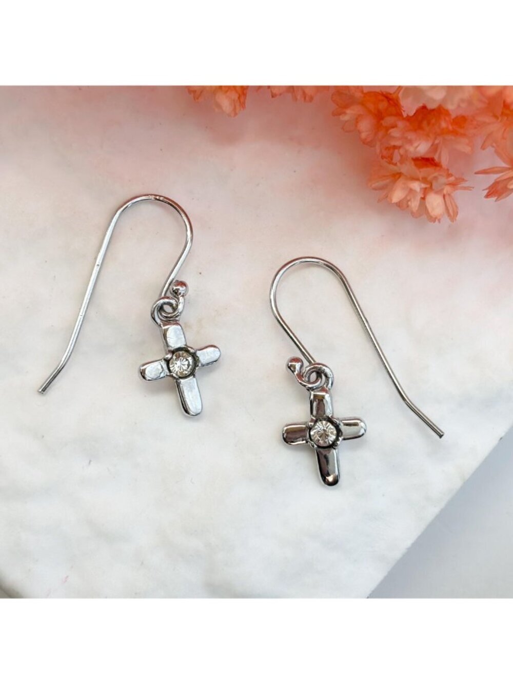 Cross Shaped Clear Cubic Zirconia Gemstone 925 Sterling Silver Vintage Earrings - Picture 2 of 5